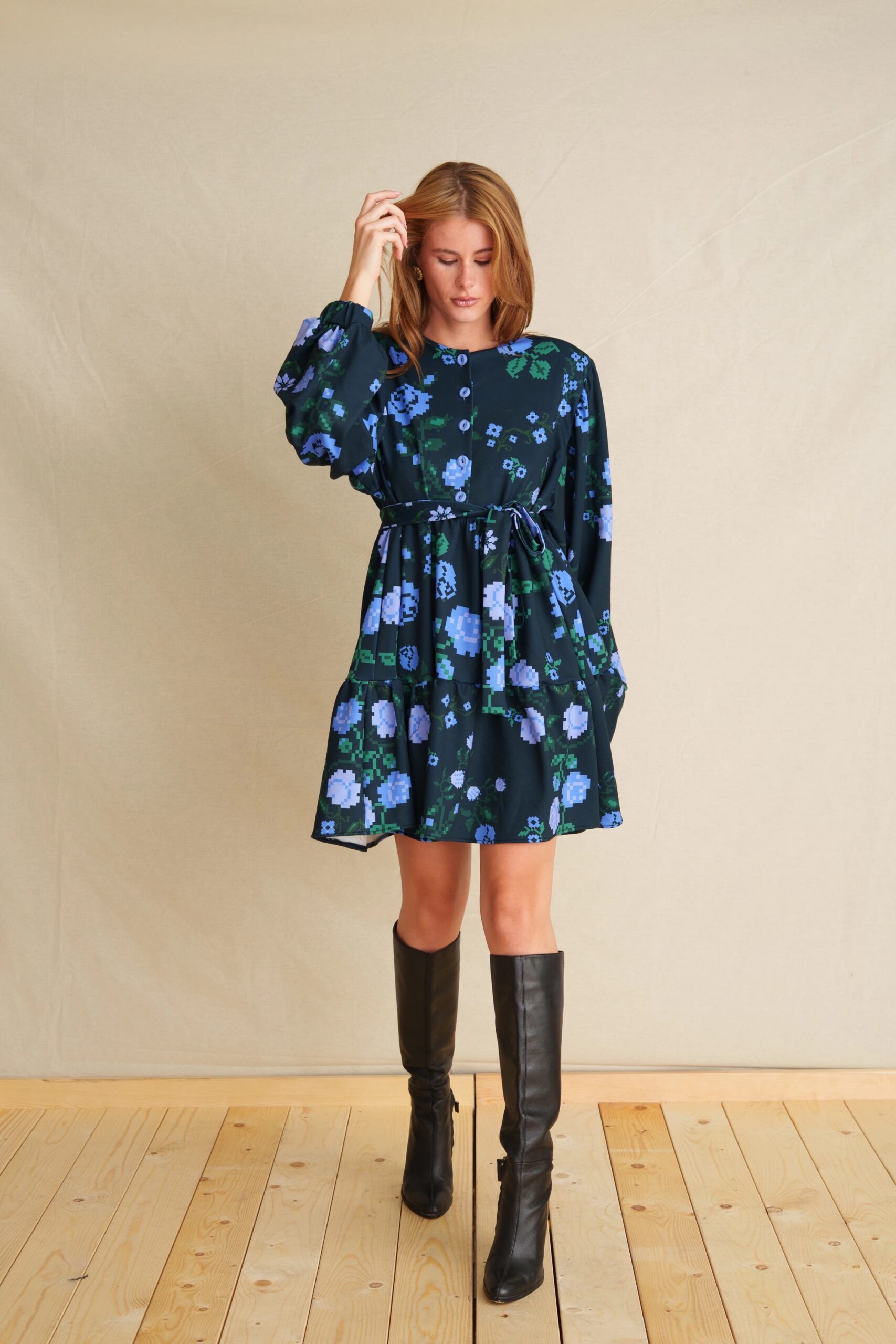 Pixel Rose Blue Mini Dress