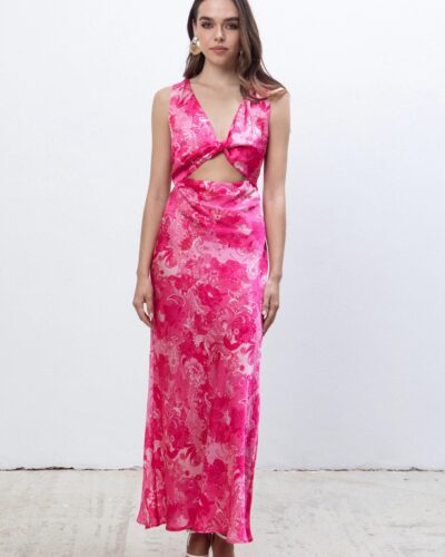 Fuchsia Paisley Satin Midi Dress