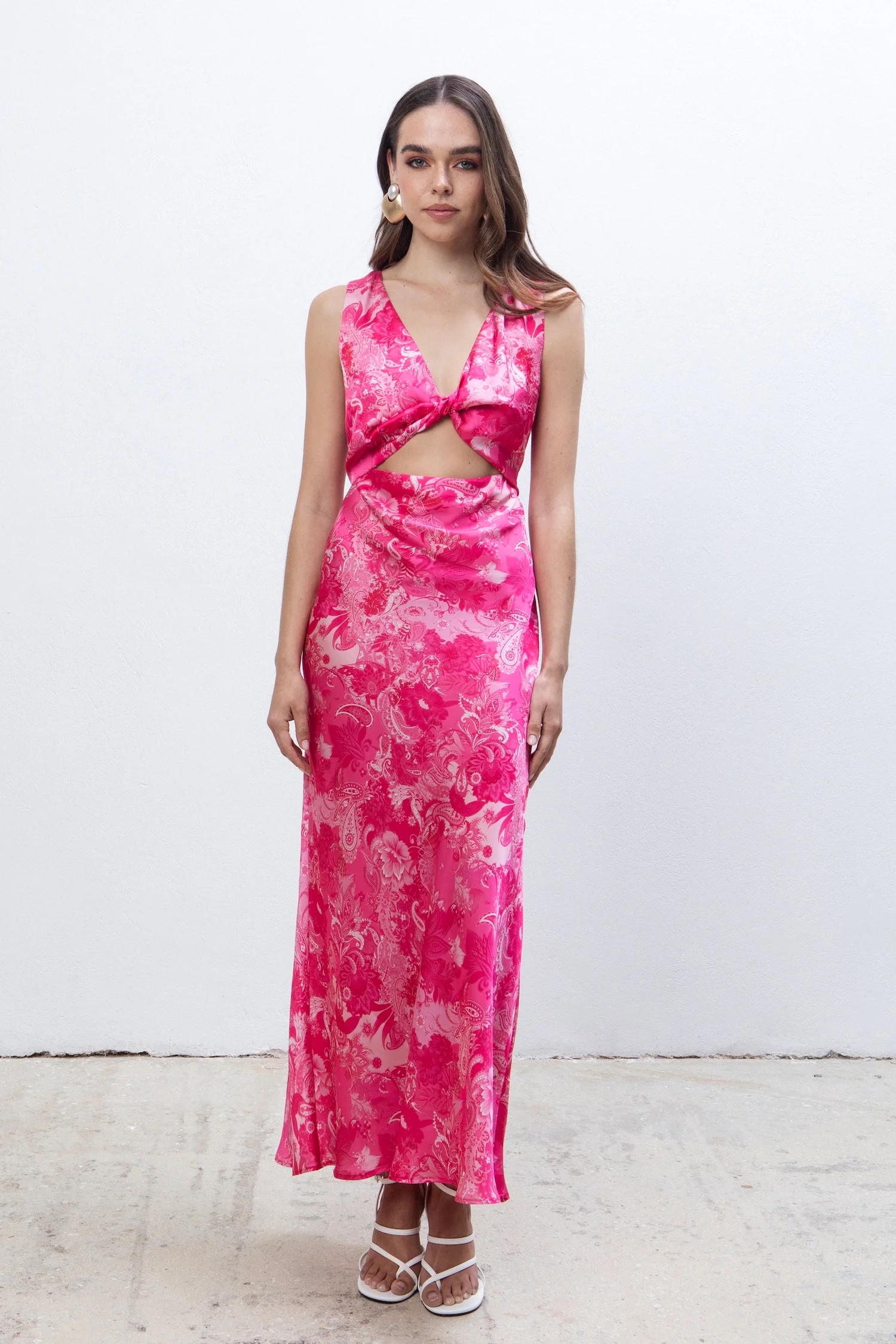 Fuchsia Paisley Satin Midi Dress