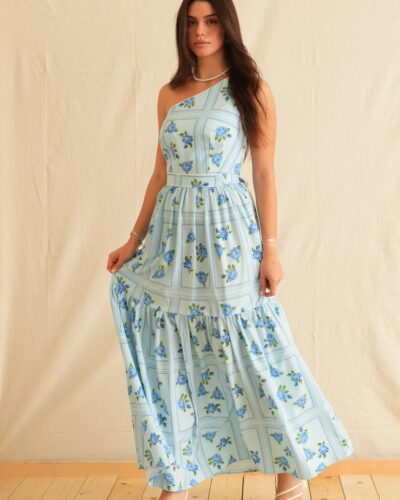 Blue Rose One Shoulder Maxi Dress